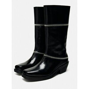 NWT Zara Black ZIPPERED LEATHER Mid Calf Boots 6